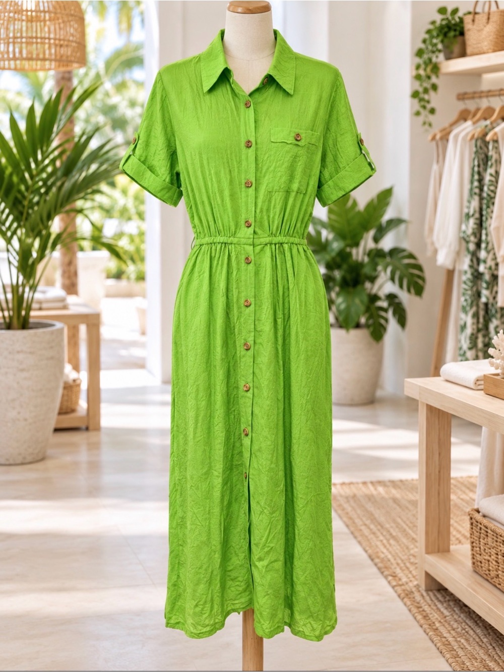 Vibrant lime Green Button-Up cotton Dress size small